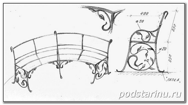 Кованая садовая скамейка чертежи с размерами